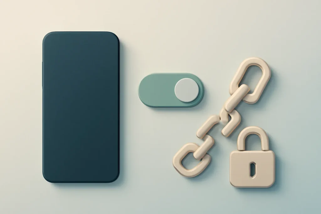 Metáfora visual de como usar VPN no iPhone com kill switch e reconexão automática para reduzir fugas de dados.