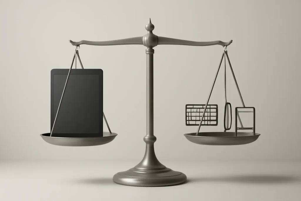 Melhores iPads de 2026: Air (M3), Pro (M5), A16 e mini (A17) 4 Balança com tablet e acessórios, simbolizando custo-benefício nos melhores iPads de 2026.