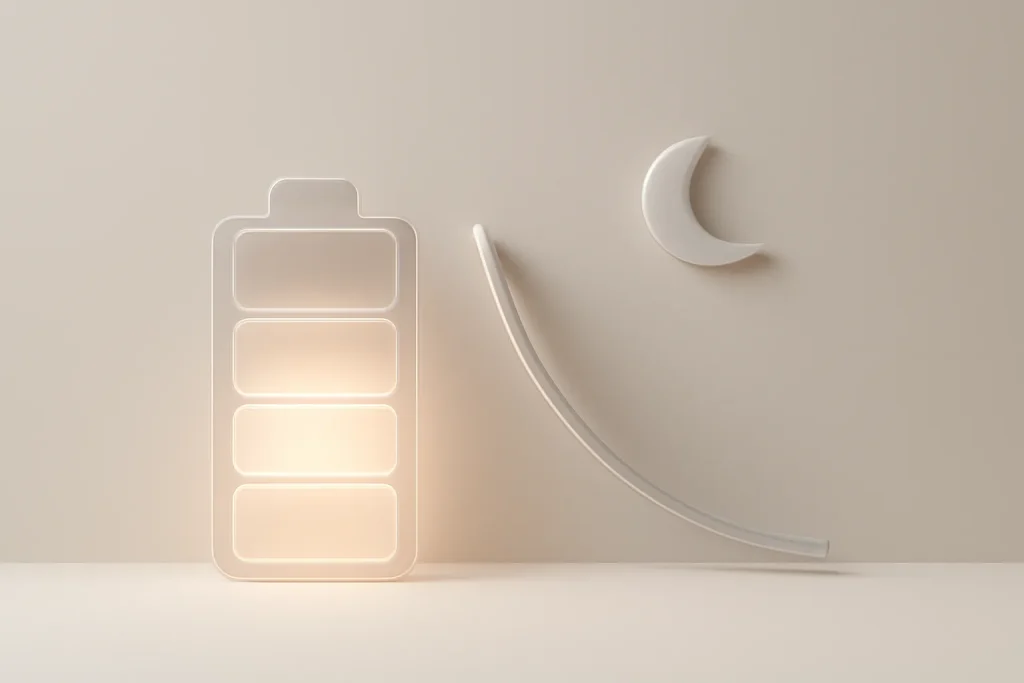 Funcionalidades de sono Garmin: stress, Body Battery e Sleep Coach 4 Metáfora visual de energia, stress e rotina nas funcionalidades de sono Garmin.