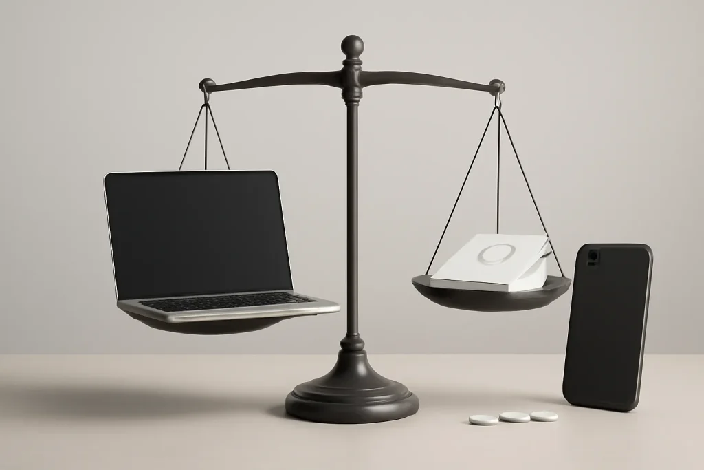 Balanza abstracta entre portátil y documentación de compra.