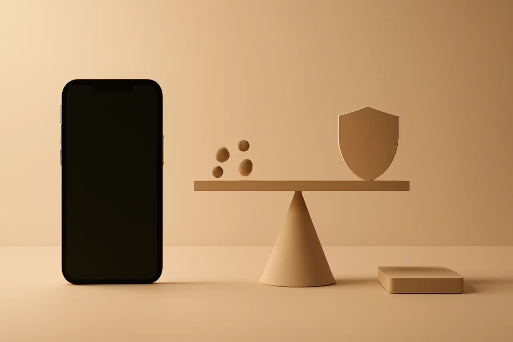 Balanço entre utilidade, distrações e privacidade no Punkt MC03 smartphone minimalista, ilustrado de forma simbólica.