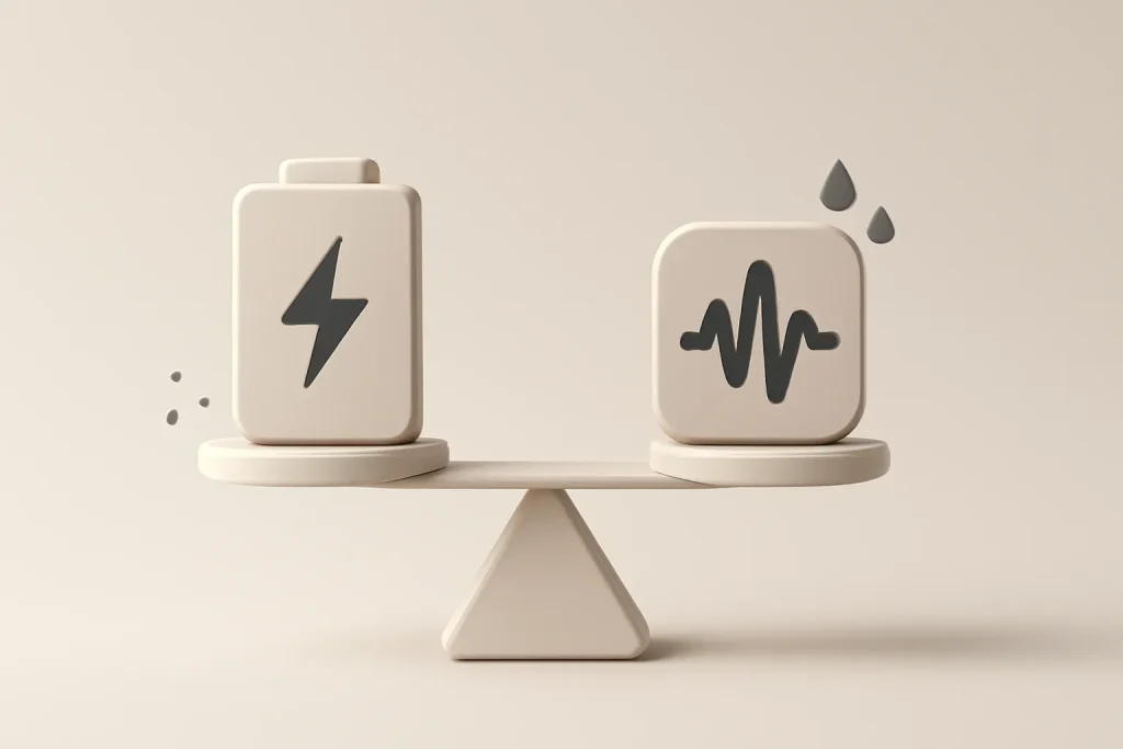 Samsung Galaxy Buds 3 FE vs AirPods Pro 3: comparativo 2026 4 Balança simbólica de autonomia, chamadas e resistência em Samsung Galaxy Buds 3 FE vs AirPods Pro 3.