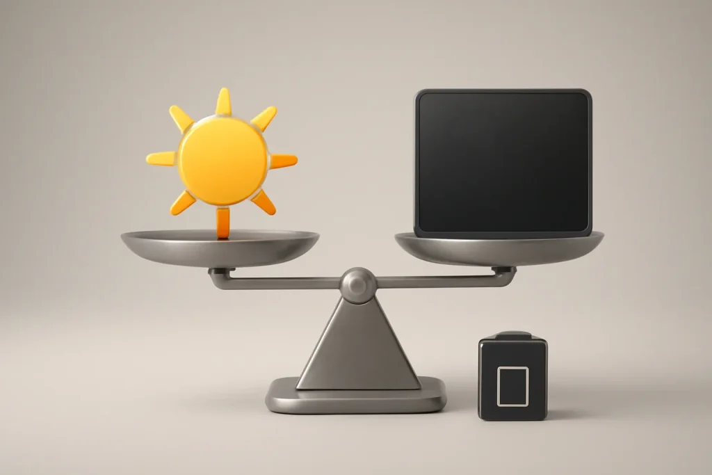 Metáfora visual de equilíbrio entre brilho, autonomia e burn-in nos melhores portáteis OLED 2026.