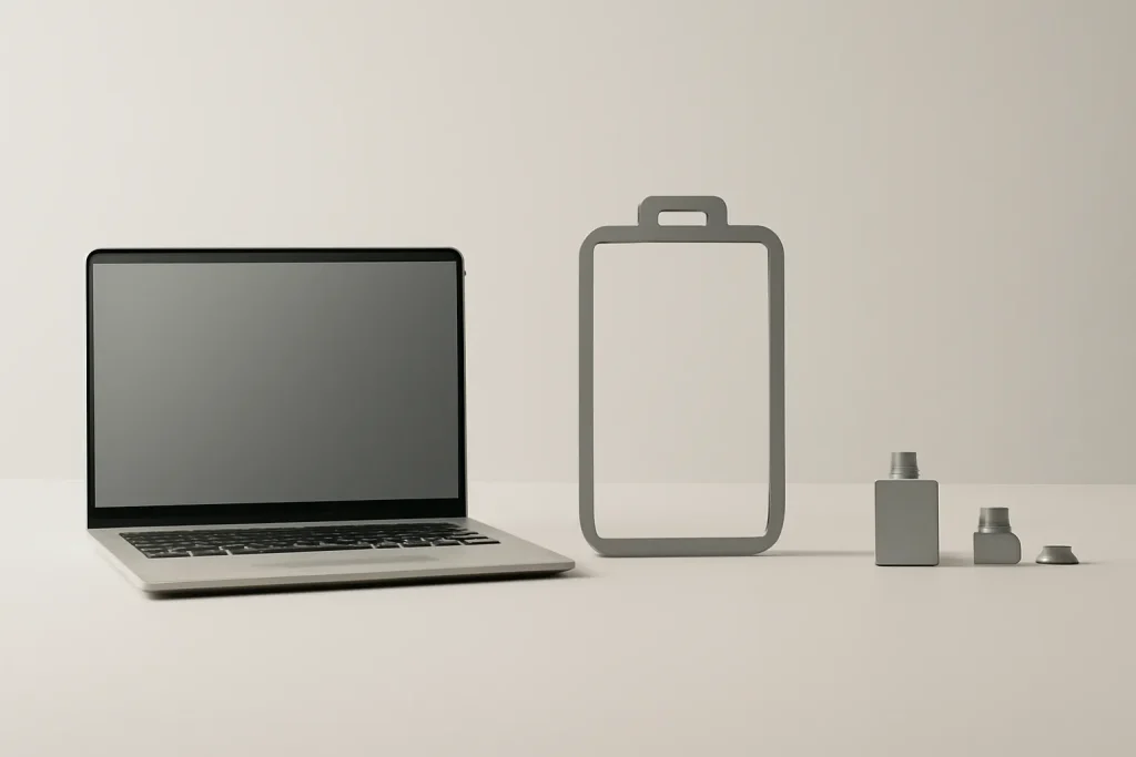 Composizione minimalista con portatile, batteria e adattatori, che illustra le decisioni pratiche della recensione del MacBook Air 2024.