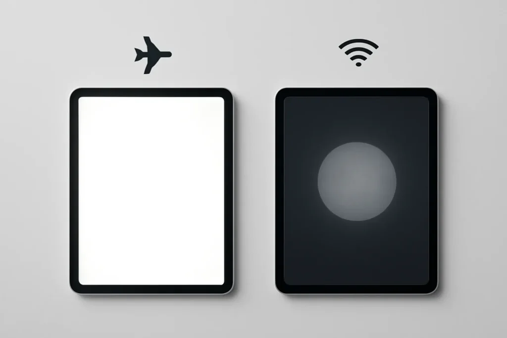 Comparação visual de testes de bateria em tablets entre brilho alto e brilho baixo, com conectividade representada de forma abstrata.