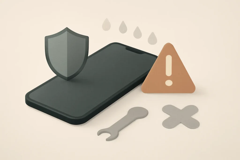 Balança simbólica entre proteção e risco em telemóveis Android à prova de água, com desgaste e garantia.
