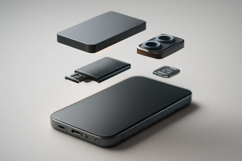 iPhone 11 recondicionado vale a pena em 2026: prós e riscos 3 Componentes abstratos de um smartphone para ilustrar a checklist técnica.