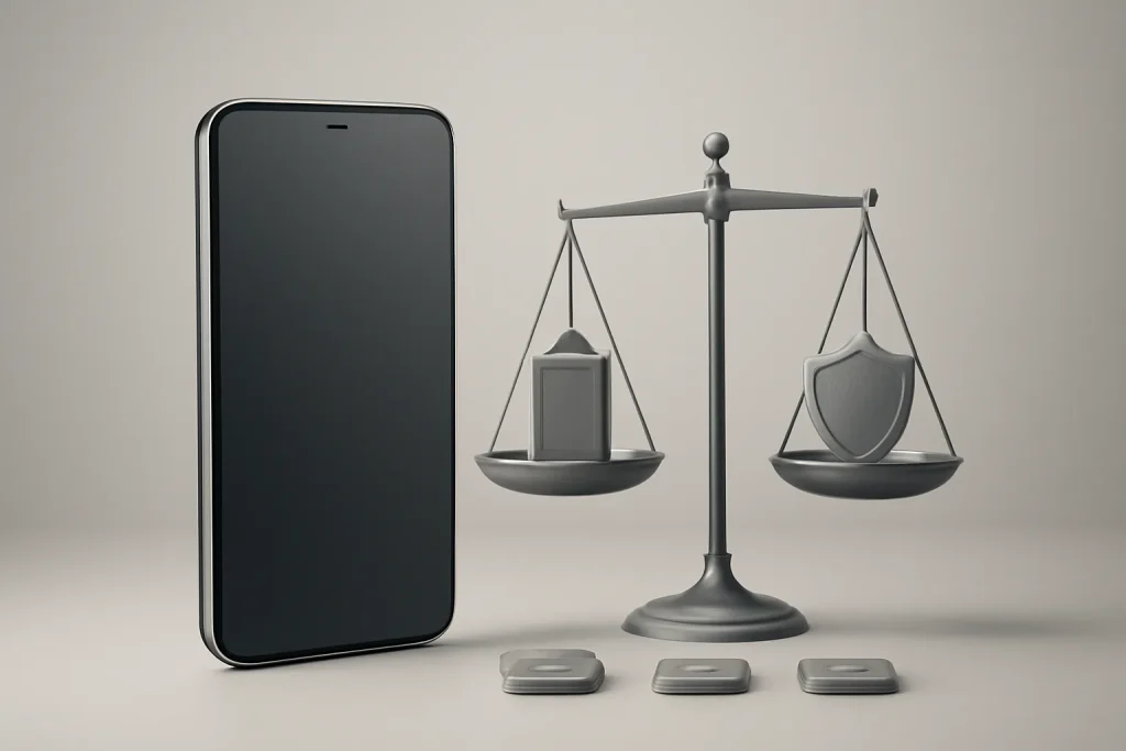 iPhone 11 recondicionado vale a pena em 2026: prós e riscos 4 Balança simbólica entre risco e benefício na compra recondicionada.