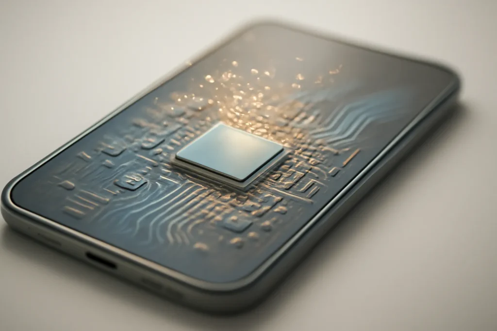 Ilustração abstrata de chip e circuitos num smartphone.
