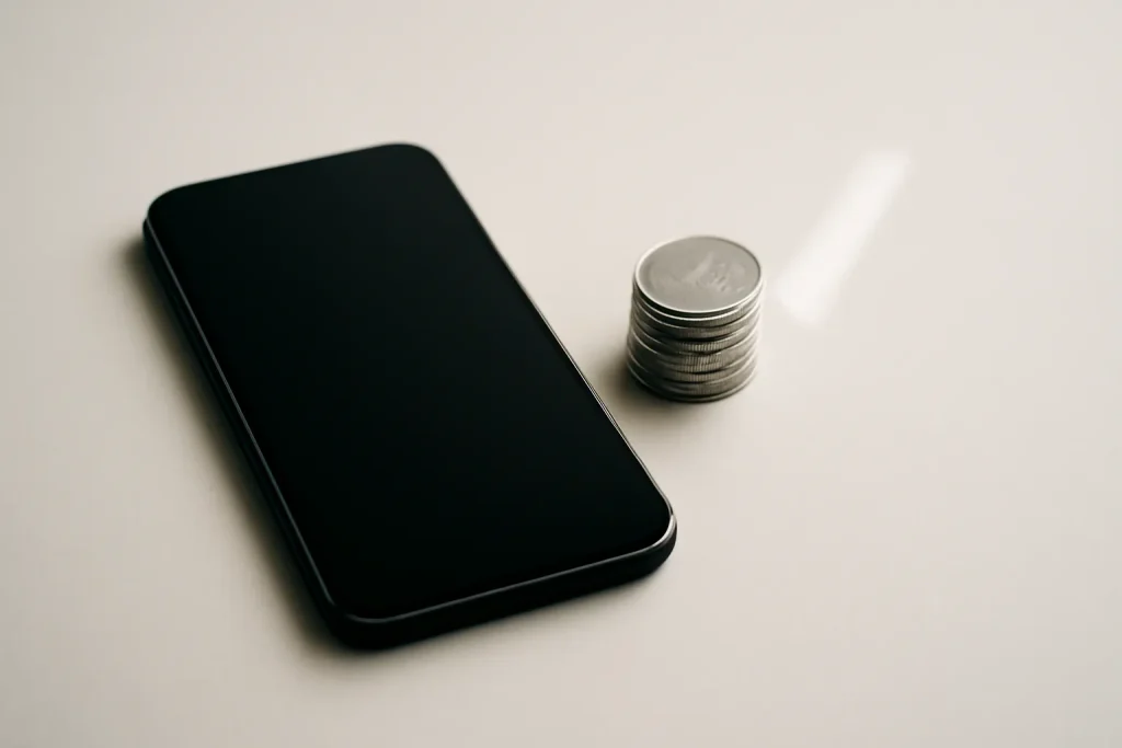 Smartphone genérico com moedas e sinal de verificação abstrato.
