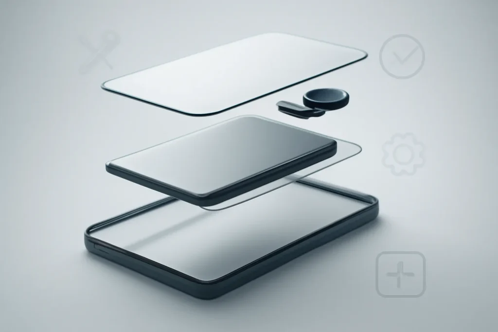 Camadas abstratas de smartphone a representar bateria, ecrã e componentes.