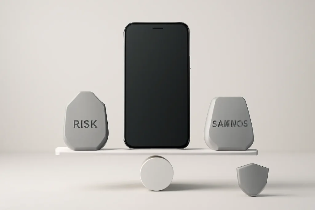 Smartphone genérico numa balança a simbolizar poupança e risco.