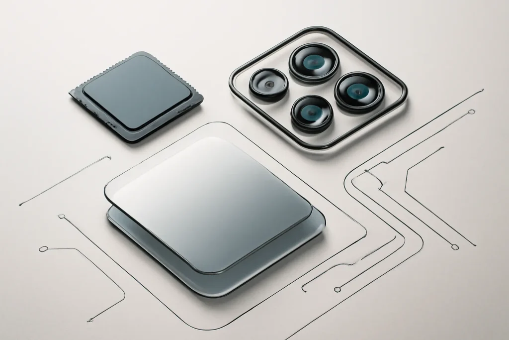 Elementos técnicos simbólicos na comparação iPhone 18 Pro vs Samsung Galaxy S26 (chip, ecrã e câmaras).