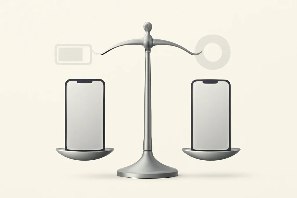 Balança simbólica para decisão iPhone 18 Pro vs Samsung Galaxy S26 com autonomia, câmara e privacidade.