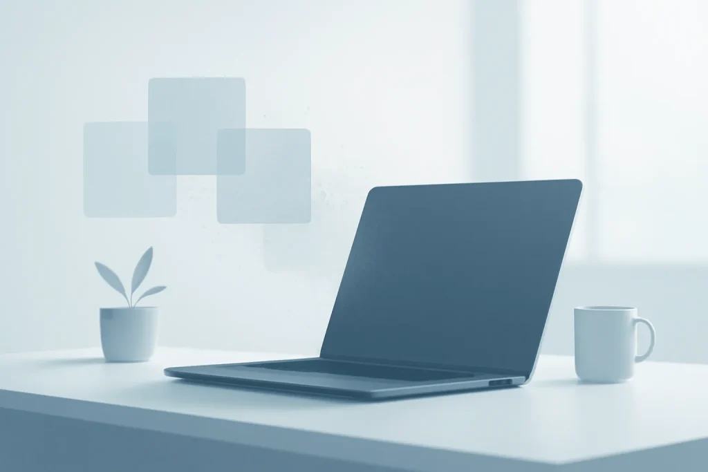 Como limpar cache no MacOS 26: navegador, apps e DNS 2 Ilustração simbólica sobre limpar cache no MacOS 26 num portátil, com camadas de ficheiros temporários a dissipar-se.