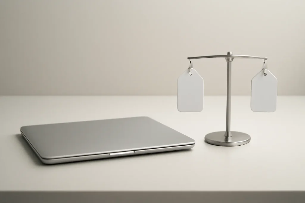 Portátil genérico e metáfora de equilíbrio entre valor e custo.