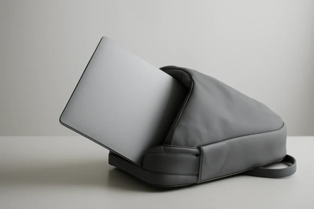 MacBook Air mais leve da Apple: silêncio, autonomia e desempenho móvel 2 MacBook Air mais leve da Apple simbolizado por um portátil ultrafino a entrar numa mochila, num cenário minimalista.
