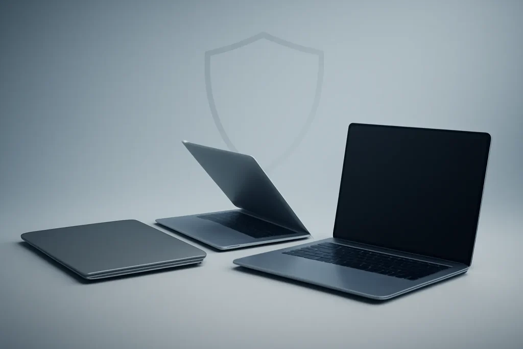 Marcas de portáteis usados fiáveis: HP, Dell, Lenovo e Apple 2 Composição minimalista com portáteis genéricos a simbolizar marcas de portáteis usados fiáveis.