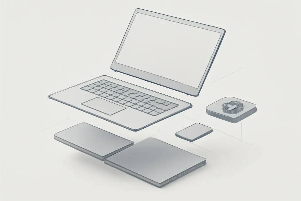 Marcas de portáteis usados fiáveis: HP, Dell, Lenovo e Apple 3 Exploded view simbólico de componentes (bateria, SSD e ventoinha) para avaliar marcas de portáteis usados fiáveis.