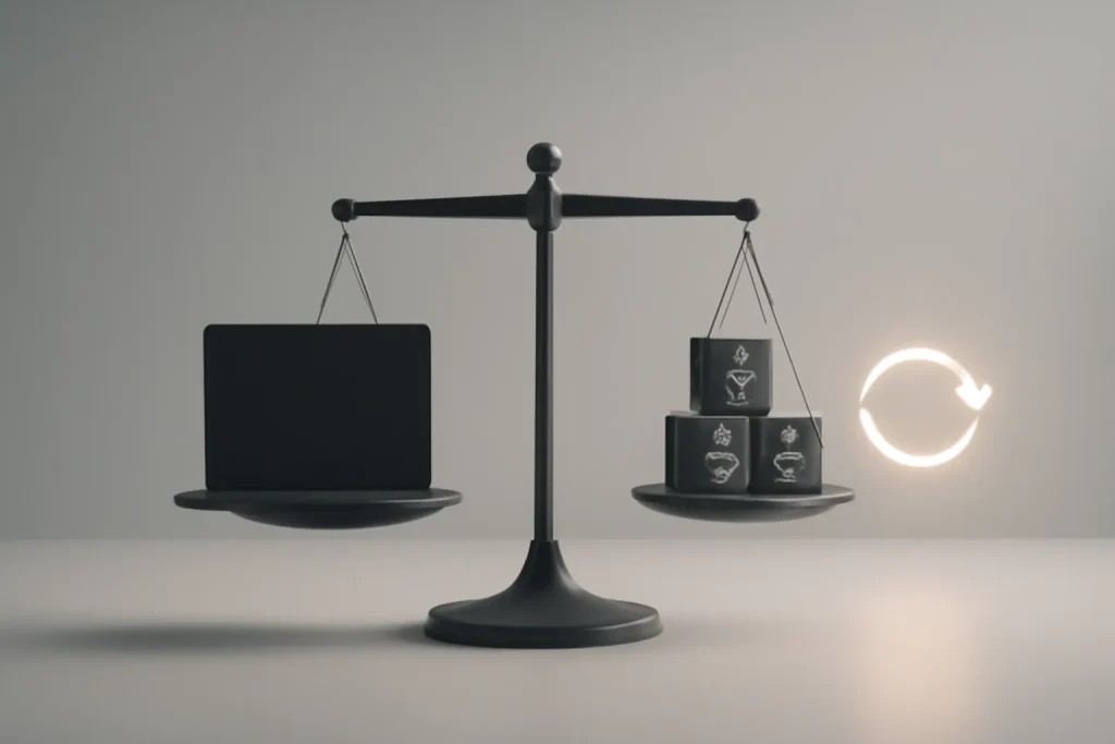 Marcas de portáteis usados fiáveis: HP, Dell, Lenovo e Apple 4 Balança minimalista a representar risco-benefício e reparabilidade em marcas de portáteis usados fiáveis.