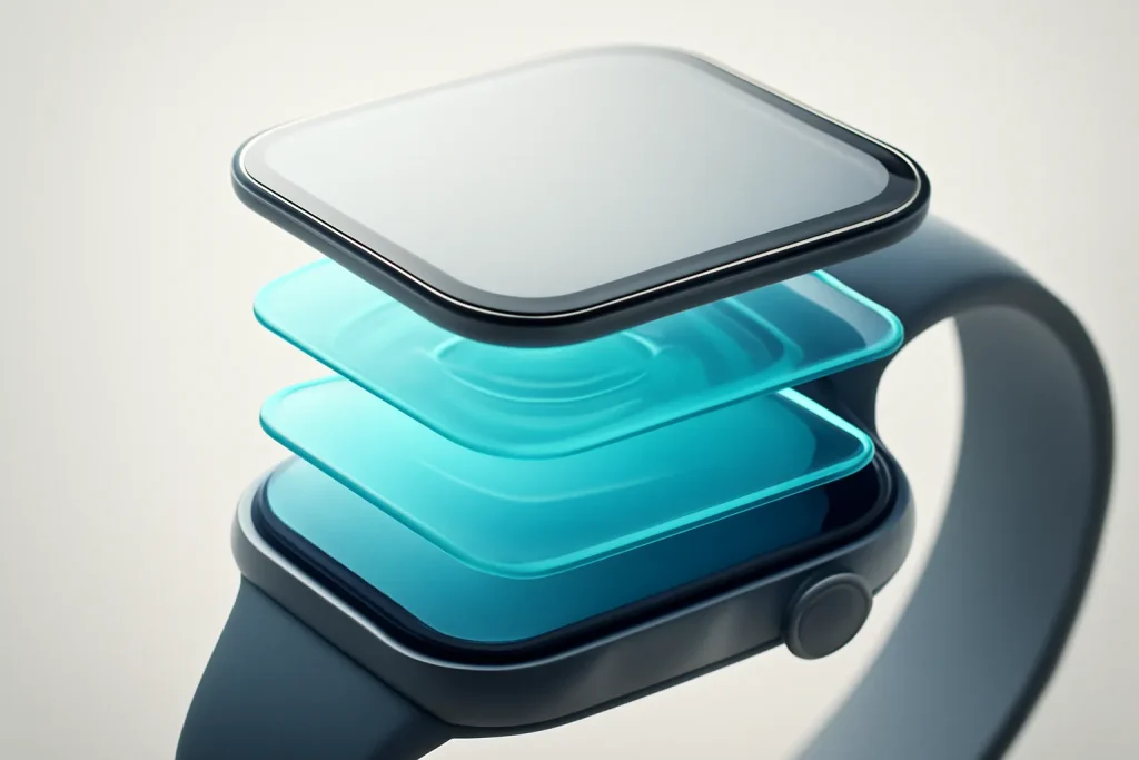 Visual técnico do melhor smartwatch Android 2026 com camadas abstratas de sensores, GPS e bateria.