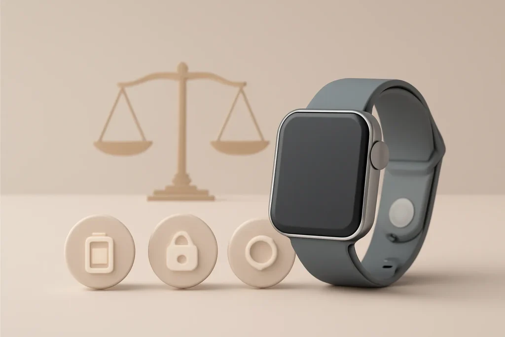 Metáfora de decisão do melhor smartwatch Android 2026: autonomia, privacidade e atualizações em equilíbrio.