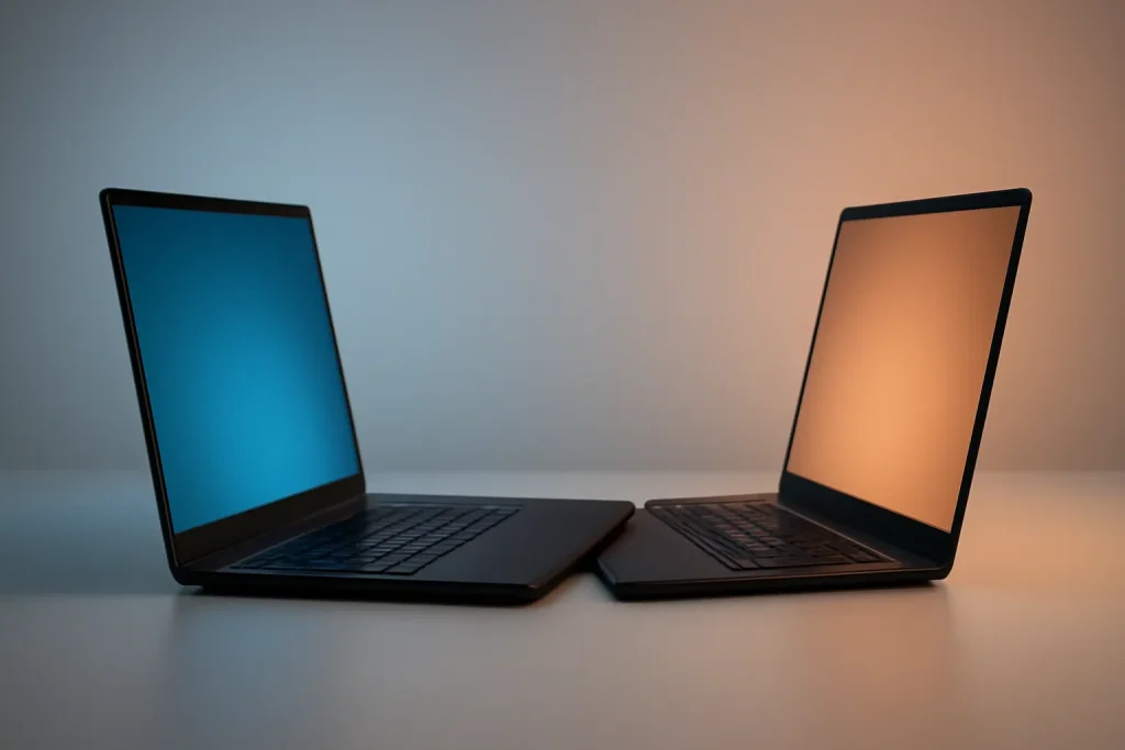 Composição simbólica de dois portáteis minimalistas a representar a escolha entre sistemas nos melhores portáteis 2026.