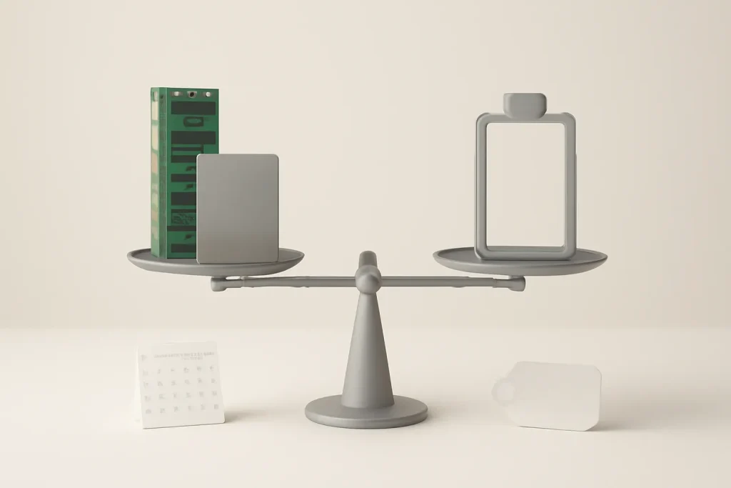 Balança simbólica com RAM/SSD, bateria e preço, ilustrando risco-benefício nos melhores portáteis 2026.