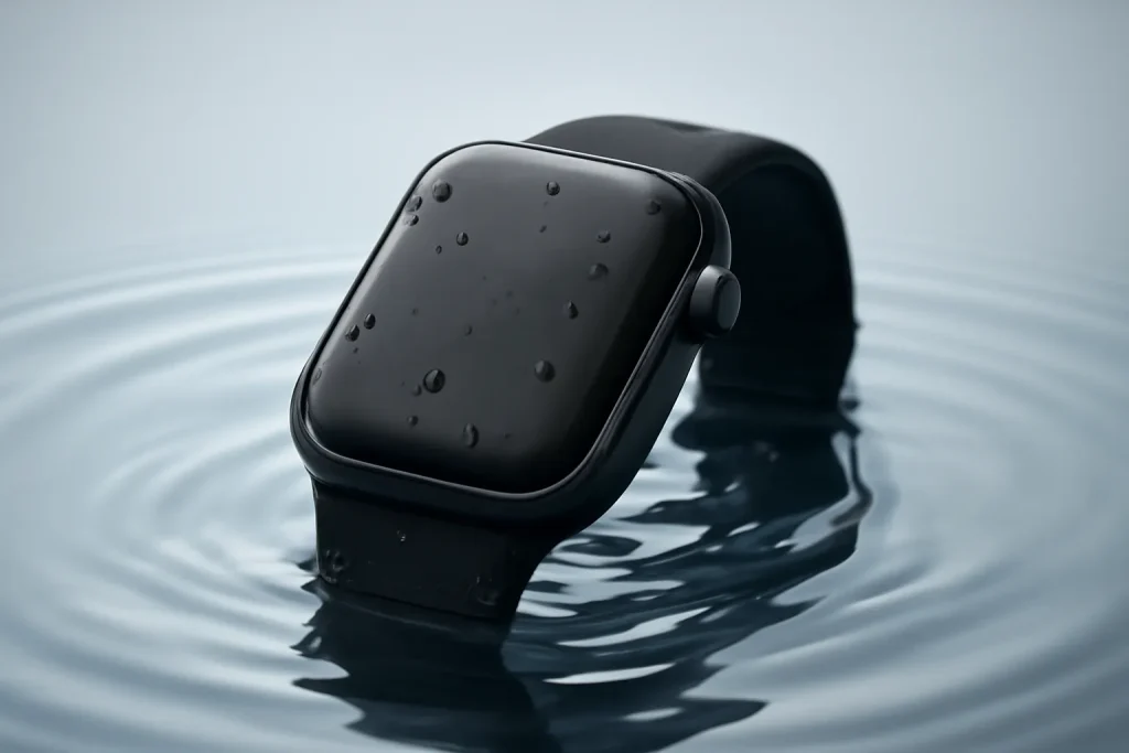 Relógio inteligente genérico parcialmente submerso, a ilustrar os melhores smartwatches à prova de água 2026.