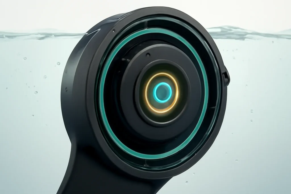 Vista conceptual de vedação e sensores num smartwatch, nos melhores smartwatches à prova de água 2026.