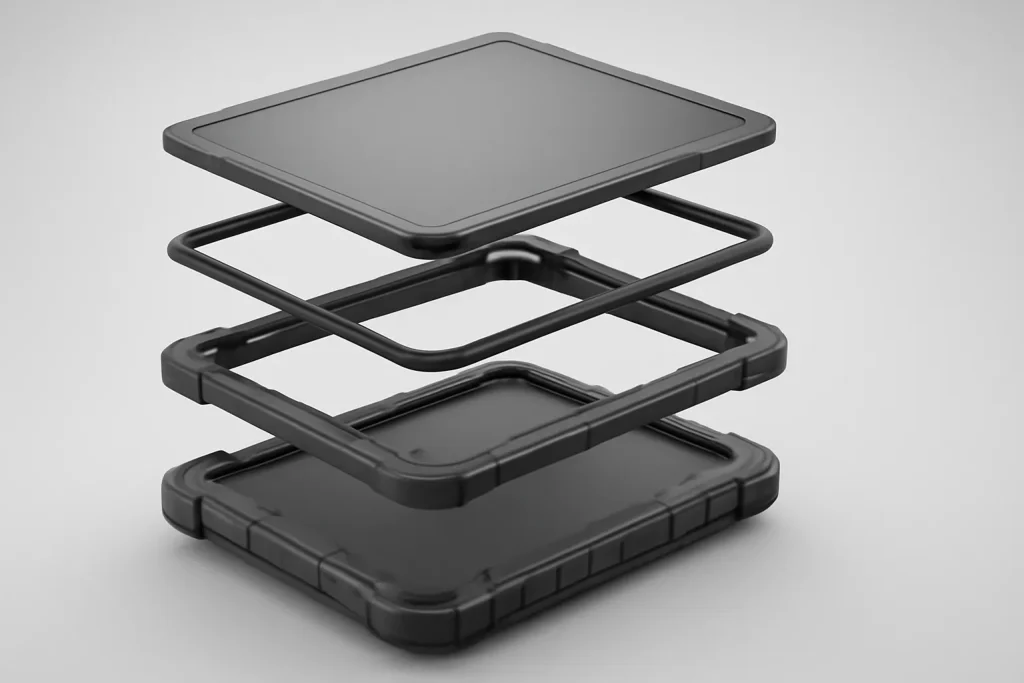 Symbolic technical cut of the best rugged tablets for construction: sealing, reinforced chassis, protected ports and outdoor screen.