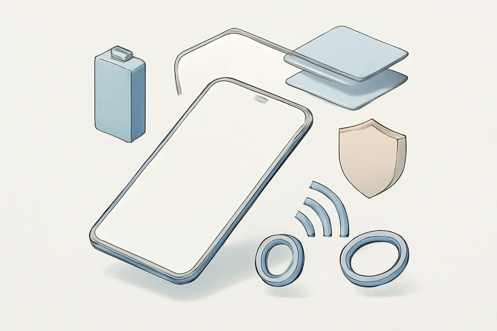 Ilustração técnica com smartphone abstrato e ícones simbólicos de bateria, ecrã, 5G, câmara e atualizações — melhores telemóveis Android 2026.