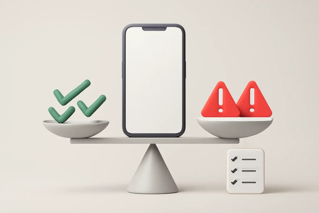Metáfora visual de checklist e balanço risco-benefício na compra de smartphone — melhores telemóveis Android 2026.