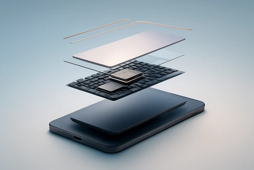 Motorola Edge 70 vs iPhone Air: fino acessível vs fino premium 3 Ilustração técnica abstrata sobre espessura, bateria e gestão térmica no Motorola Edge 70 vs iPhone Air.