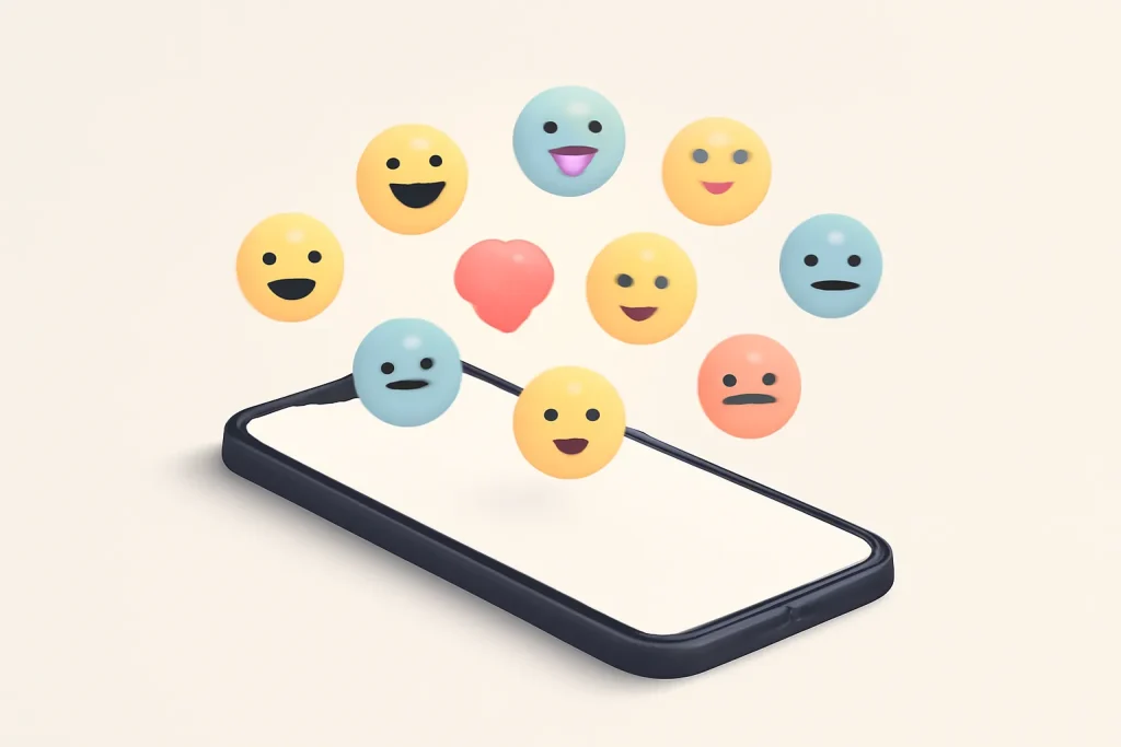 Ilustração simbólica dos novos emoji iOS 26.4 com nove ícones a flutuar sobre um smartphone genérico.