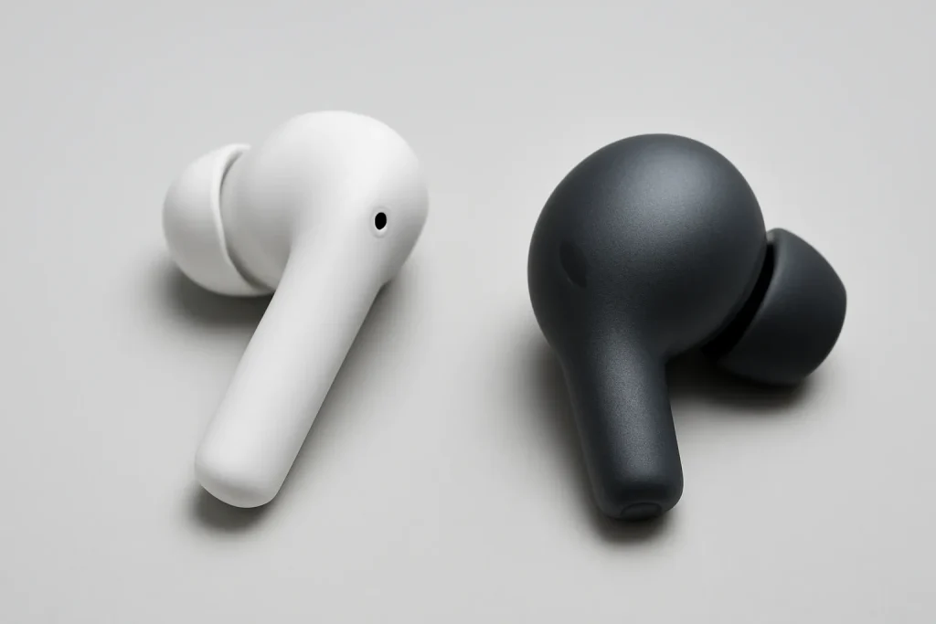 Comparação visual OnePlus Buds 4 vs Samsung Galaxy Buds Core com dois earbuds genéricos lado a lado.