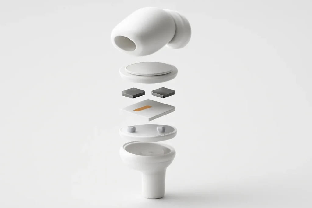 Ilustração técnica simbólica de componentes internos para OnePlus Buds 4 vs Samsung Galaxy Buds Core.