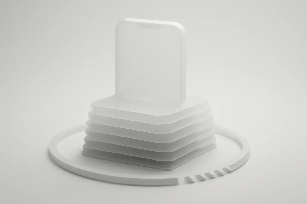 Porque as apps iOS ocupam tanto espaço e como recuperar memória 2 Ilustração simbólica de porque as apps iOS ocupam tanto espaço, com camadas a crescer num smartphone genérico.