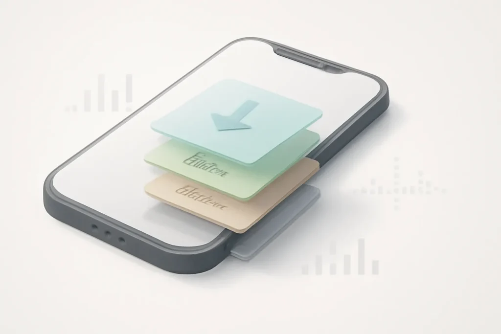 Como reduzir armazenamento Apple Music iPhone: downloads e cache 3 Diagrama abstrato de camadas de dados (downloads e cache) para reduzir armazenamento Apple Music iPhone.