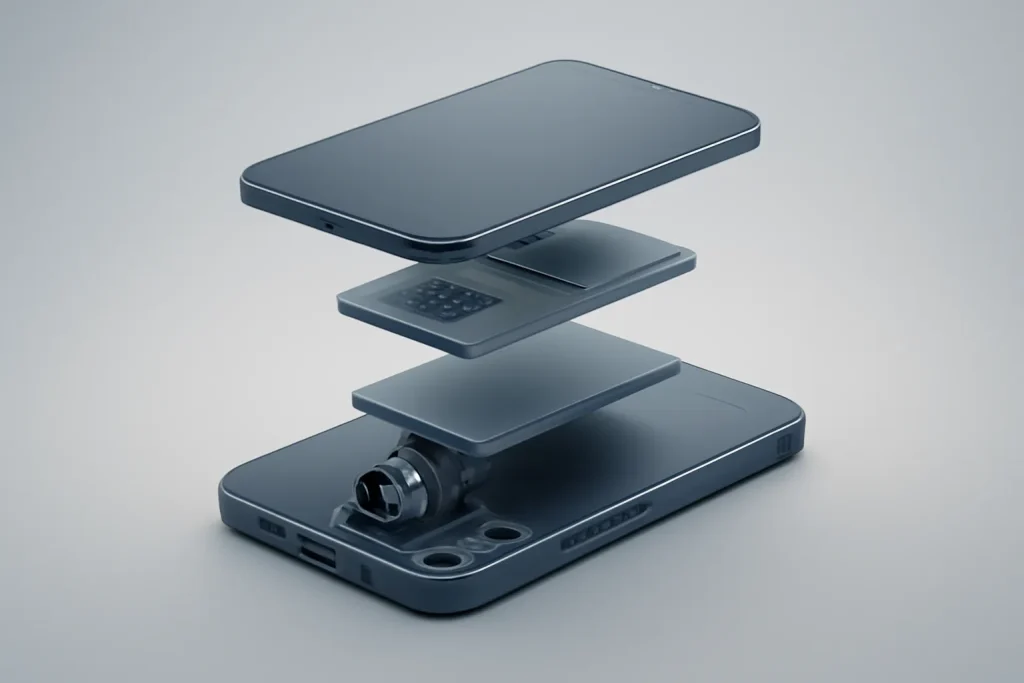 Review Xiaomi 17 Ultra by Leica: ecrã plano, Snapdragon 8 Elite e 200MP 3 Exploded view abstrato de componentes (chip, bateria e telefoto periscópico) ilustrando o review Xiaomi 17 Ultra by Leica.