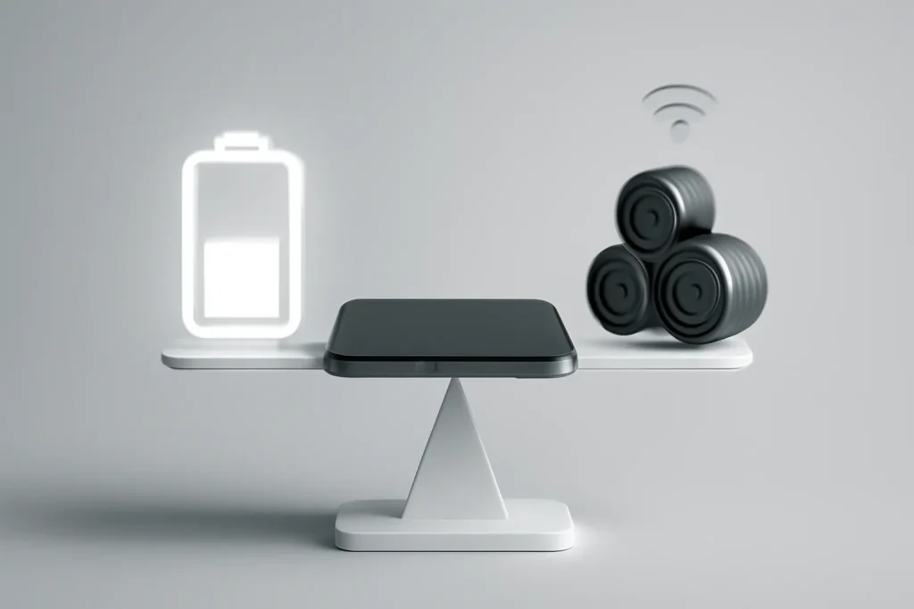 Review Xiaomi 17 Ultra by Leica: ecrã plano, Snapdragon 8 Elite e 200MP 4 Balança minimalista com smartphone, símbolo de bateria e lente, representando decisões do review Xiaomi 17 Ultra by Leica.