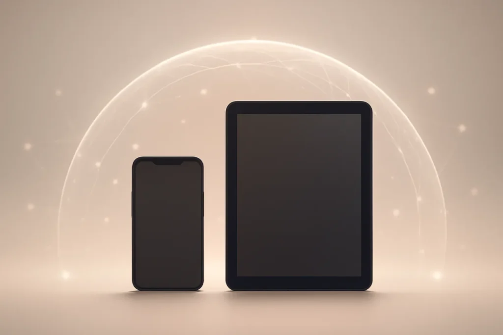 Ilustração simbólica de VPN grátis para iPhone e iPad com túnel cifrado entre dispositivos e rede.