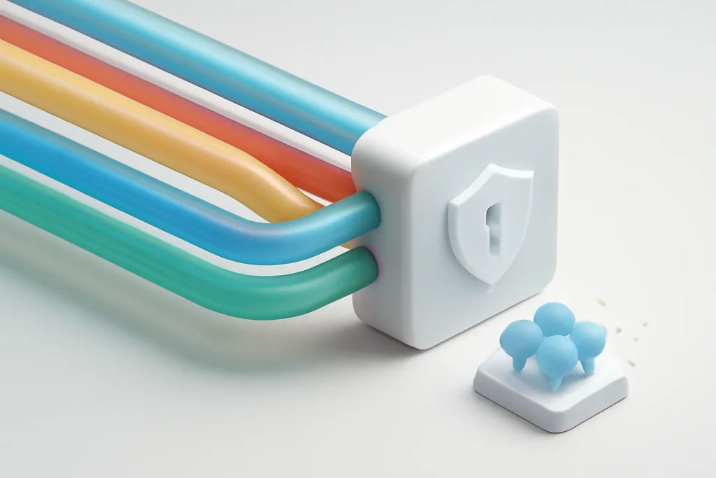 Diagrama abstrato de VPN grátis para iPhone e iPad com túneis de ligação e filtragem DNS.