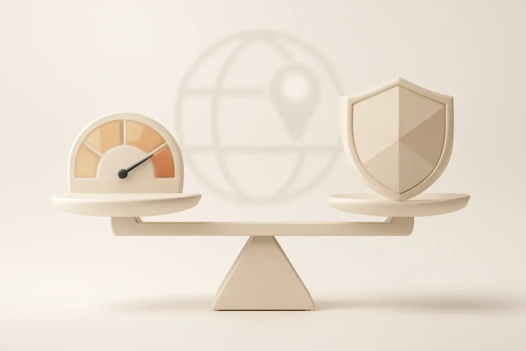 Balança simbólica sobre VPN grátis para iPhone e iPad: limite de dados versus privacidade e uso em viagem.