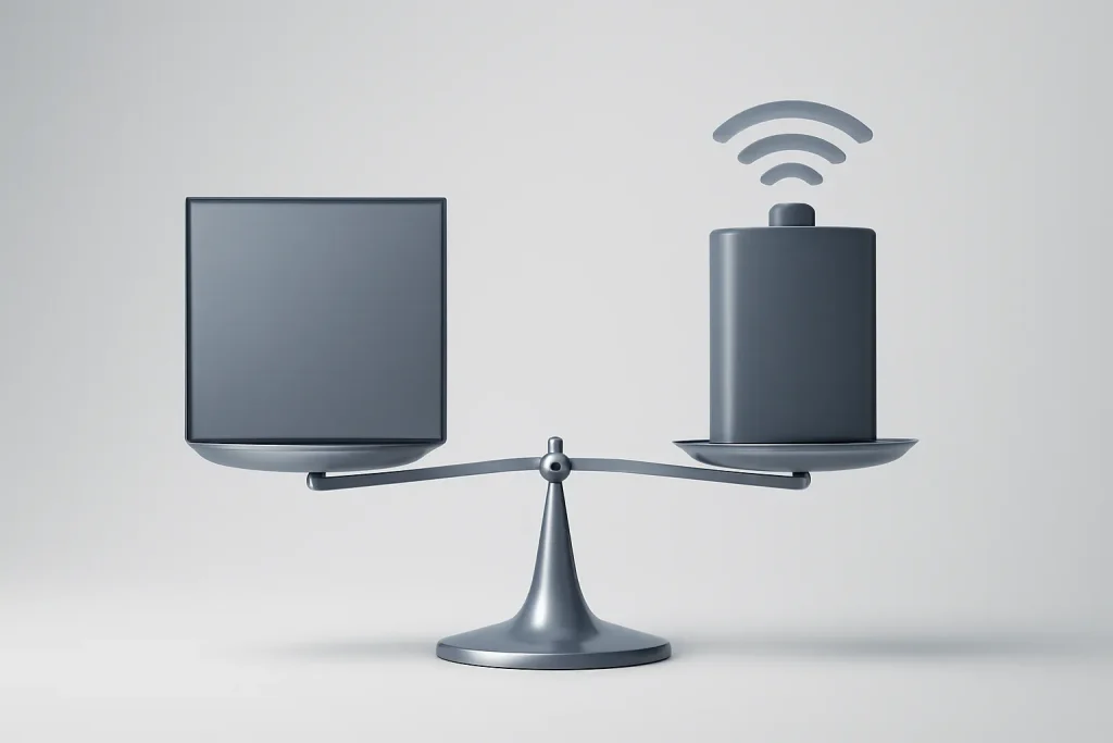 Xiaomi Pad 7 vs Redmi Pad 2 Pro: desempenho, ecrã e bateria 4 Balança simbólica entre ecrã e bateria na decisão Xiaomi Pad 7 vs Redmi Pad 2 Pro.