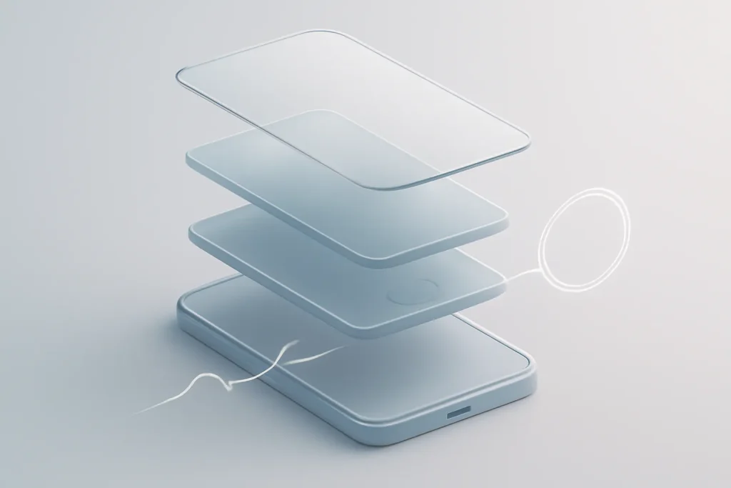 Ilustração técnica para Google Pixel 10a vs Pixel 9a con camadas de schermo, chip e batteria, e forma de onda simbólica.