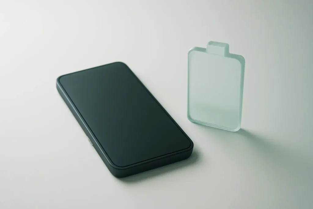 Ilustração minimalista para melhorar bateria Android com smartphone genérico e símbolo de bateria.