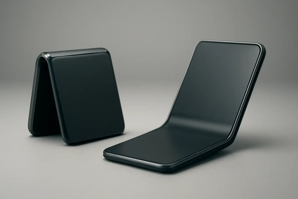 Comparação visual simbólica Galaxy Z TriFold vs Huawei Mate XT com dois conceitos de trifold (fecho em U vs dobra em Z).