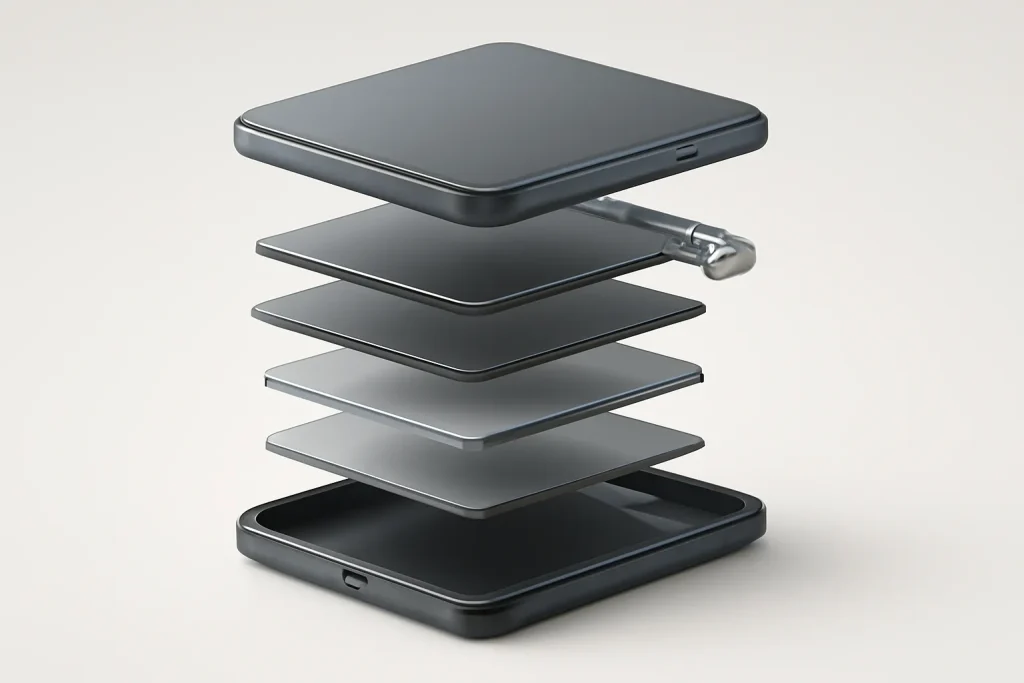 Vista técnica abstrata de dobradiça, ecrã e bateria na comparação Samsung Galaxy Z Flip7 vs Motorola Razr 60 Ultra.