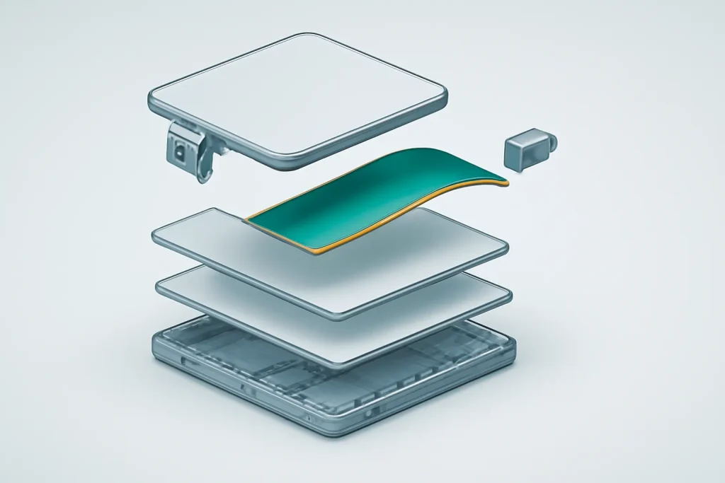 Esquema técnico genérico (dobradiças e painéis) para Galaxy Z TriFold vs Huawei Mate XT num trifold de duas dobras.